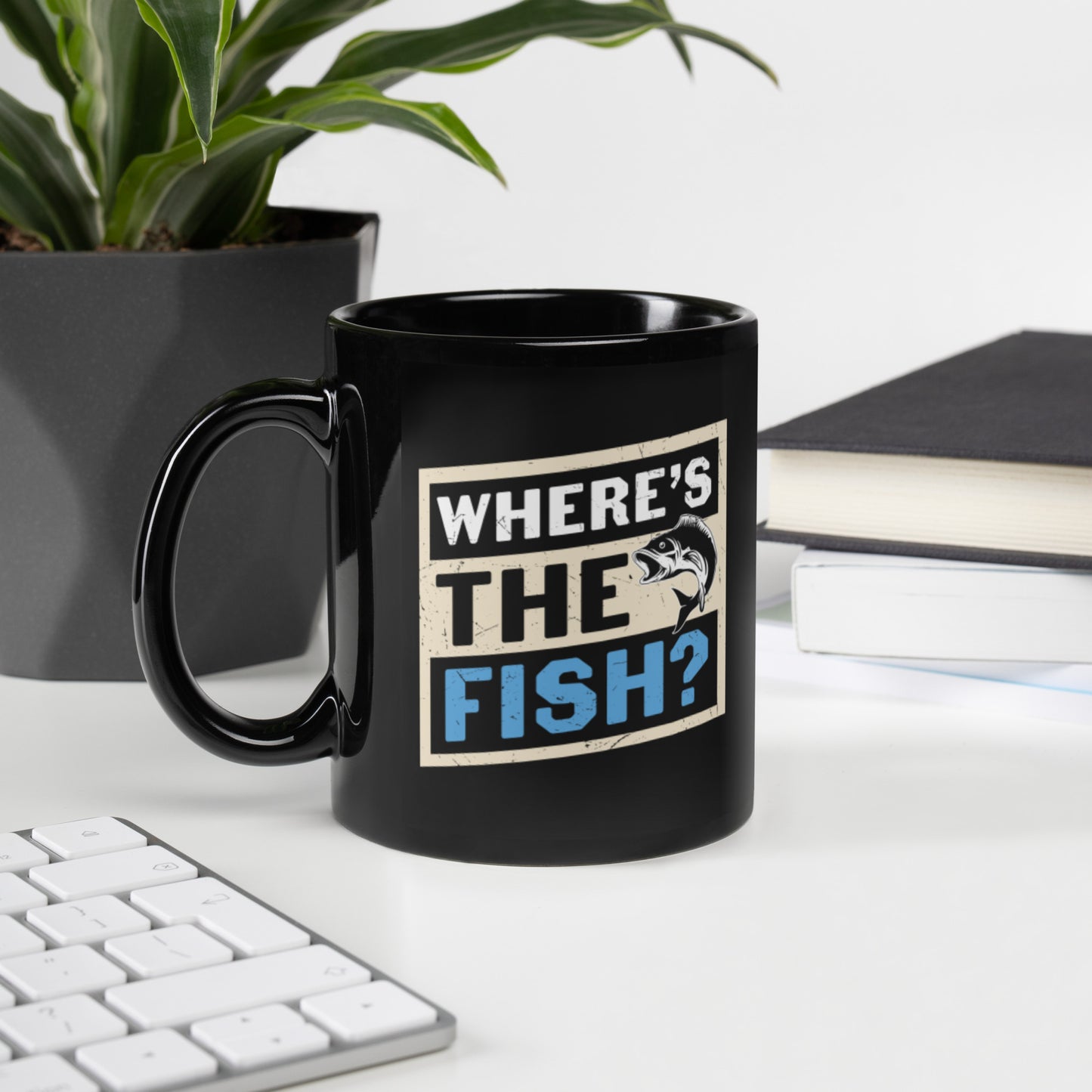 Where's The Fish Black Glossy Mug